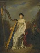 Firmin Massot Portrait of a lady, wearing a white dress and seated beside a harp a landscape beyond oil painting on canvas